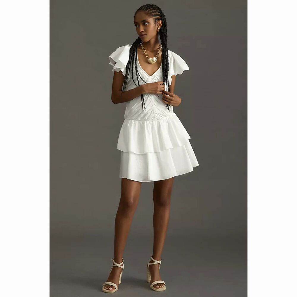 Anthropologie Love The Label White Ruffle Mini Dress Cotton Size M NWT